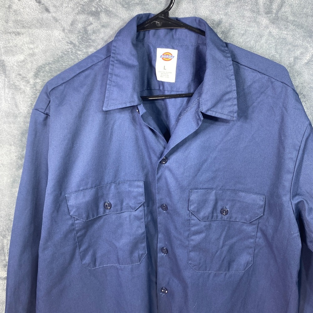 Dickies Work Shirt Mens Large Navy Blue Long Sleeve Button Down Utility Pocket